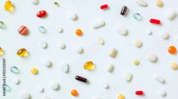 Fototapeta Close-Up of Various Medicine Pills, Tablets, and Capsules Neatly Arranged on a Clean White Background, Showcasing Vibrant Colors for a High-Quality Medical Stock Image.