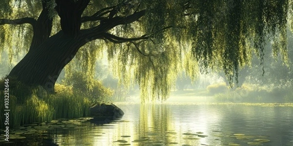 Fototapeta A willow tree over a calm pond with lily pads.