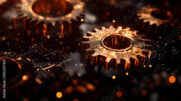 Obraz Warm tones gears with holographic networking and copy space on a black background