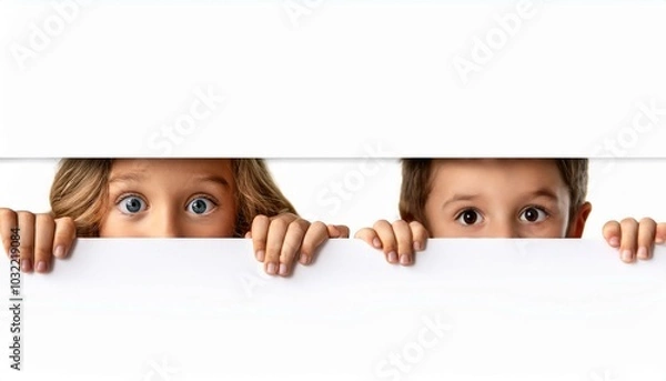 Obraz Scary and Exiting surprise Eyes looking through rectangular on isolated white background cliiping path