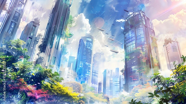 Fototapeta Capture a sci-fi cityscape with sleek digital buildings intertwined with lush gardens, depicted in vibrant watercolor