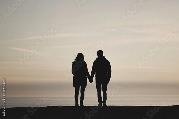 Obraz A silhouette of a couple holding hands standing together at sunset against a soft gradient sky on the horizon
