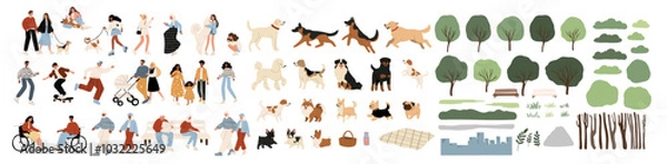 Fototapeta This vibrant vector illustration depicts a diverse community with various dog breeds, multiculturalism and inclusivity. The hand-drawn style emphasizes the warm bond between humans and pets in nature.