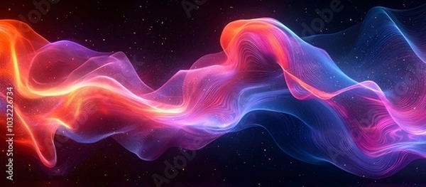 Fototapeta Abstract digital art with a bright, vibrant glow and a swirling, wavy pattern in shades of pink, blue, and orange.