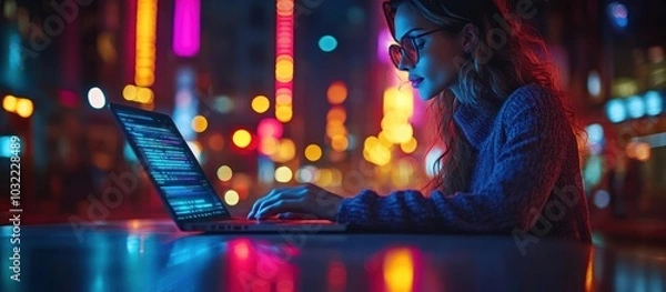 Fototapeta Woman using laptop at night with neon lights in the background.