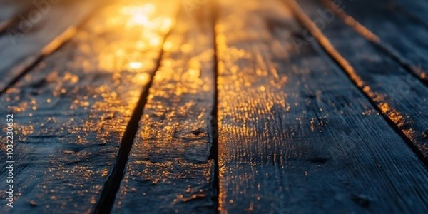 Fototapeta The warm glow of a sunset beautifully reflecting on a textured wooden floor, creating a serene ambiance.