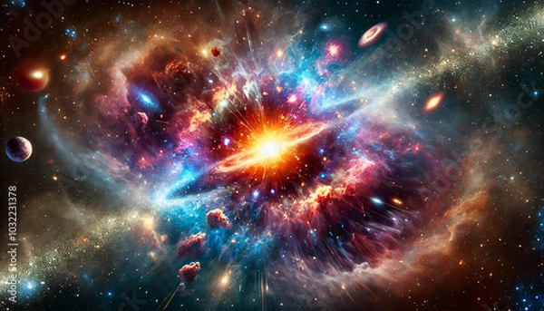 Fototapeta A vibrant explosion of colorful galaxies and stars representing the Big Bang theory, with planets and cosmic elements spread across the universe