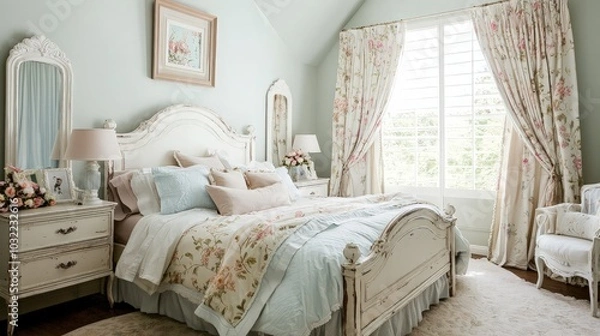 Fototapeta A bedroom with a white bed frame, floral bedding, and a floral print curtains.