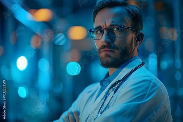 Fototapeta A man in a lab coat with a stethoscope