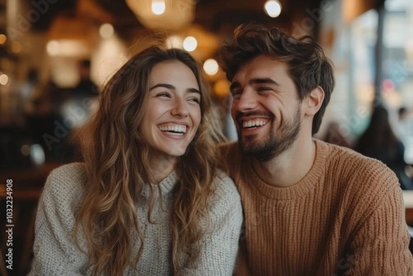 Fototapeta Spouses drinking coffee in cafe, enjoying talk and laughing, sitting in front of one another, free space, Generative AI
