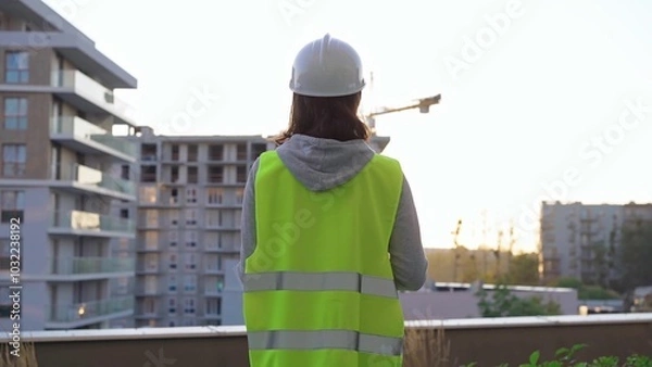 Obraz Female construction engineer is taking notes and writing on a clipboard while inspecting a construction site in the early morning at sunrise, back view
