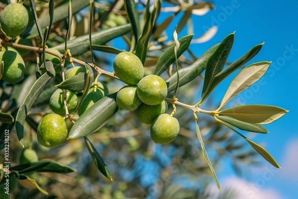Fototapeta Close up of green olive fruits and leaves growing on a tree branch in an orchard