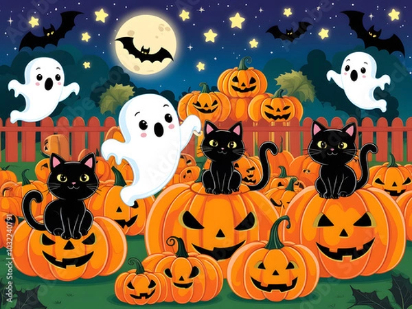 Fototapeta Playful ghosts and mischievous cats dancing among carved pumpkins under a moonlit sky in a festive autumn setting