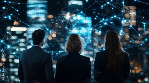 Fototapeta Three professionals observing a futuristic digital network connecting a city's skyline at night, symbolizing technology and innovation.