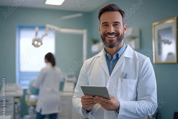 Fototapeta Happy male dentist with digital tablet in clinic waiting for patient in stomatological cabinet, smiling at camera, free space, Generative AI