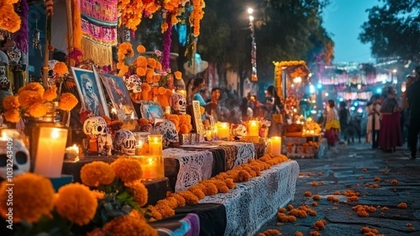 Fototapeta A vibrant Day of the Dead scene in Mexico, featuring traditional altars, colorful sugar skulls, marigolds, and candles in a festive atmosphere