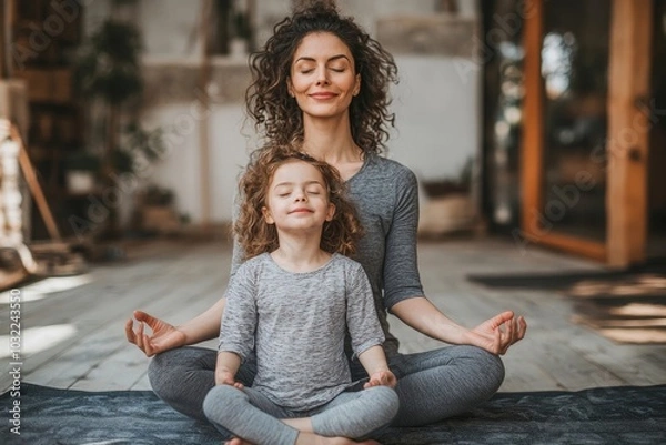 Fototapeta Peaceful happy mother and little daughter meditating together at home over white wall, sitting with eyes closed and smiling, Generative AI