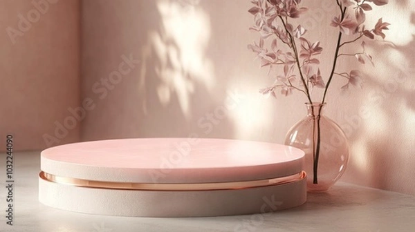 Fototapeta A minimalist setup showcases a round pink pedestal beside a clear vase containing delicate flowers. Soft sunlight casts gentle shadows on the surface, enhancing the serene atmosphere.