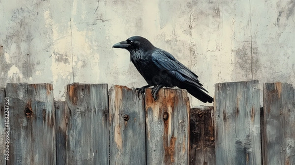 Obraz A black raven sits sharply on a worn wooden fence, its dark feathers contrasting with the faded texture of the wood