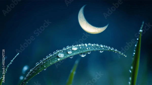 Obraz A perfectly shaped dew drop on a blade of grass reflects the crescent moon above, with the sharp details of the reflection creating a magical scene