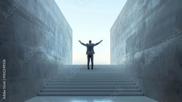 Obraz Business people stand at the top of the stairs with their arms raised and struggle to succeed