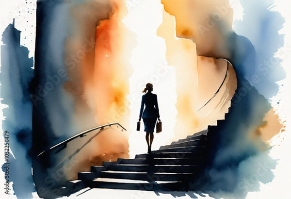 Obraz Watercolor drawing, silhouette of a woman climbing up the stairs symbol of the path to success, the realization of plans