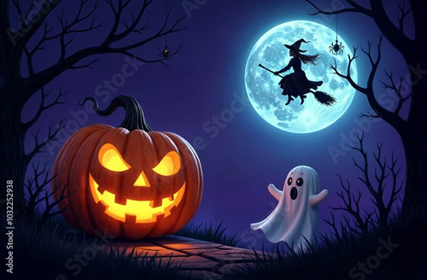 Fototapeta witch on a broom against the blue moon and moonlight and jack o lantern, halloween card