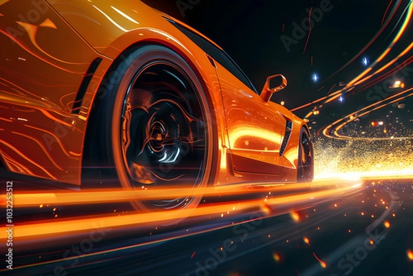 Fototapeta A bright orange car speeds through in the dark around multi-colored neon lights. A futuristic scene