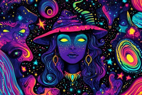 Fototapeta Abstract mystical card or banner with glowing neon silhouettes of a witch, creatures, stars, moon 