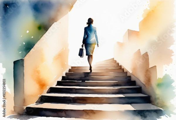 Obraz Watercolor drawing, silhouette of a woman climbing up the stairs symbol of the path to success, the realization of plans