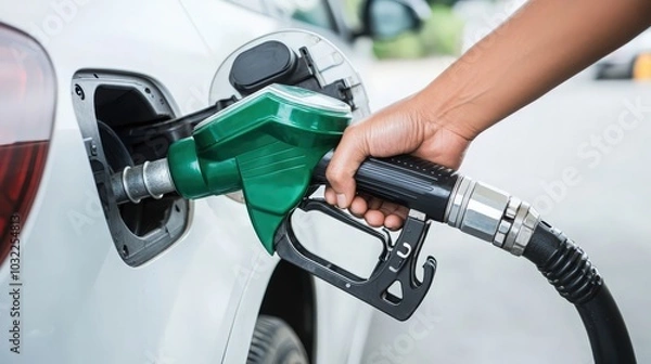 Obraz Hand refilling the car with fuel at the refuel station