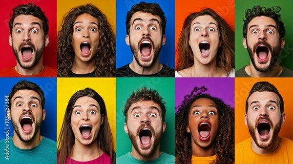 Fototapeta A dynamic collage of men and women, each expressing surprise with wide smiles, on a variety of vivid colored backgrounds, isolated in a 16:9 aspect ratio