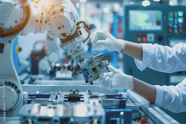 Fototapeta Robot engineers and software maintenance teams improve the program to make it more efficient.