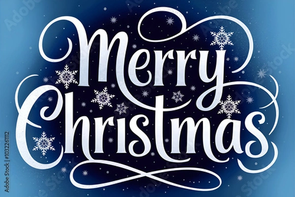 Fototapeta A festive greeting featuring "Merry Christmas" in elegant typography, adorned with snowflakes against a blue background.