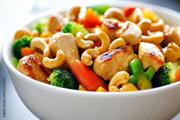 Fototapeta A vibrant bowl of stir-fried chicken and vegetables topped with cashews, showcasing a healthy meal option.