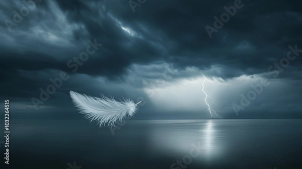 Obraz A delicate feather floats midair, with a distant lightning bolt sharply striking the horizon, creating a contrast between calm and chaos