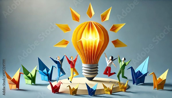 Fototapeta Creative Teamwork and Innovation Concept in Origami Style – Business Professionals Collaborating Around Lightbulb, Symbolizing Ideas, Growth, and Success, with Paper Plants and Hanging Lamps in Profes