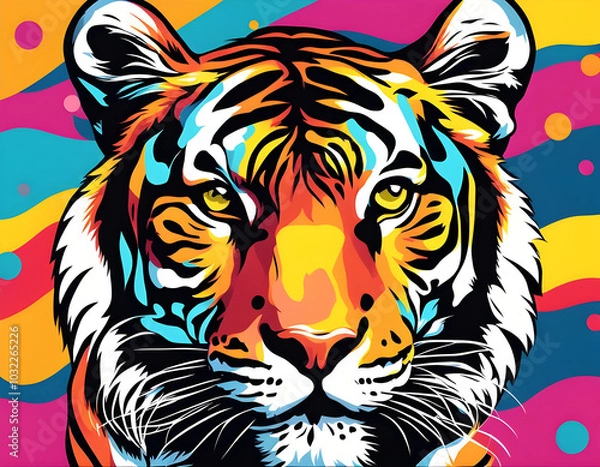 Fototapeta colorful tiger head with cool isolated pop art style background