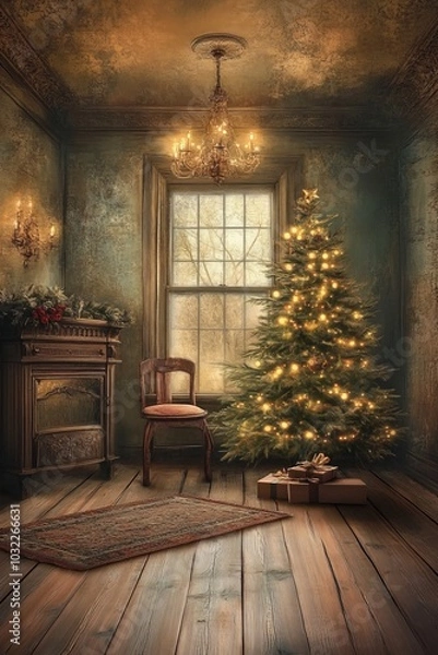 Fototapeta Old greeting card cozy vintage christmas room with lit tree and antique decor
