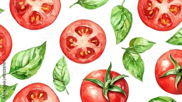 Fototapeta Vibrant watercolor pattern featuring fresh tomatoes and basil leaves on a white background, perfect for culinary designs.