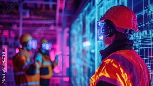 Fototapeta Innovative Technologies in Industrial Settings Engineers Collaborating with Digital Interfaces for Enhanced Workflow