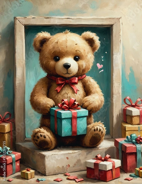 Obraz Endearing teddy bear sitting with a gift surrounded by colorful presents