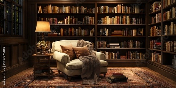 Fototapeta A cozy armchair sits in front of a large bookshelf filled with books, perfect for reading and relaxing.