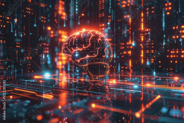 Fototapeta A human brain with interconnected circuits and glowing lines.