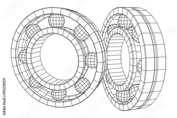 Fototapeta Roller bearing. Circular round rotating bearings used in industry for heavy equipment mechanical work and engineering. Wireframe low poly mesh vector illustration.