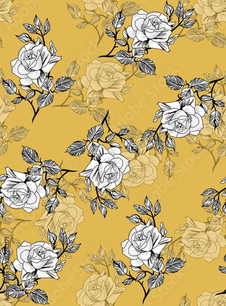 Obraz Seamless pattern with flowers and leaves. Hand drawn background. floral pattern for wallpaper or fabric. Flower rose. 