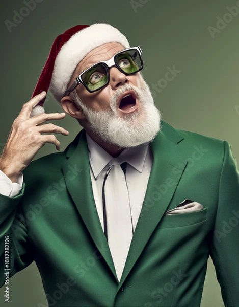 Obraz Stylish elderly man with a white beard, wearing a Santa hat and green suit, posing with a surprised expression and oversized glasses. Concept of modern Santa, humor and fashionable twist on tradition