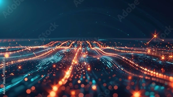 Fototapeta A high-tech digital scene with glowing connections and dots stretching across a dark horizon, depicting the movement of information