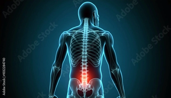 Fototapeta X-ray of a human lumbar joint with red color highlighting inflammation