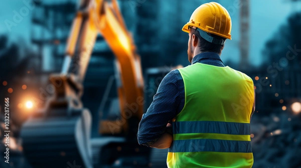 Fototapeta A construction worker stands firmly with arms crossed in front of an excavator, his yellow hard hat and reflective vest glowing, embodying the spirit of hard work and industrial pr